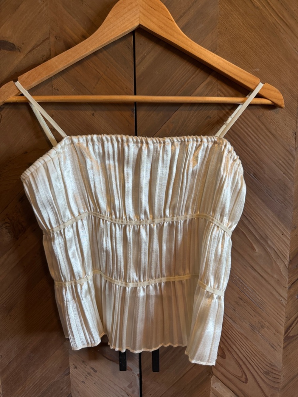Free People Ivory Pleated Satin Spaghetti Strap Cami